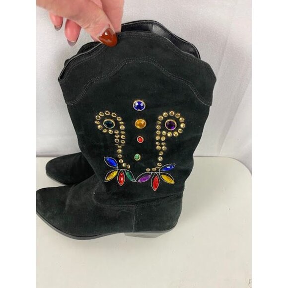 AJ Valenci Studded  80's Black Suede Cowboy Boots Women's 9M. - Picture 3 of 9